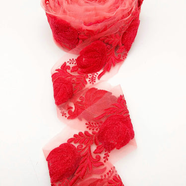 Salmon Pink Soft Net Fabric Lace Trim with Floral Embroidery, Lace Trim, Sari Border